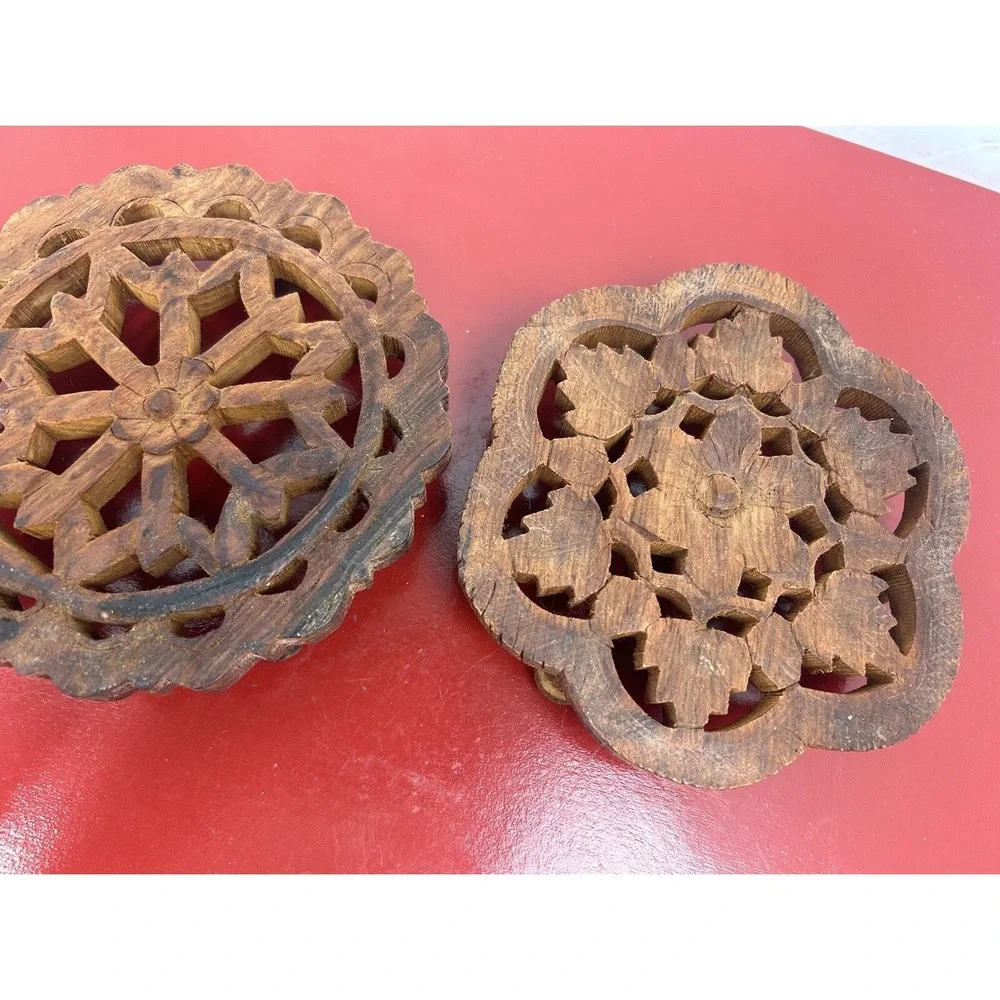Set of‎ 2 Hand Carved Wooden Trivet Made in India Kitchen Hot Pot Holder Vintage